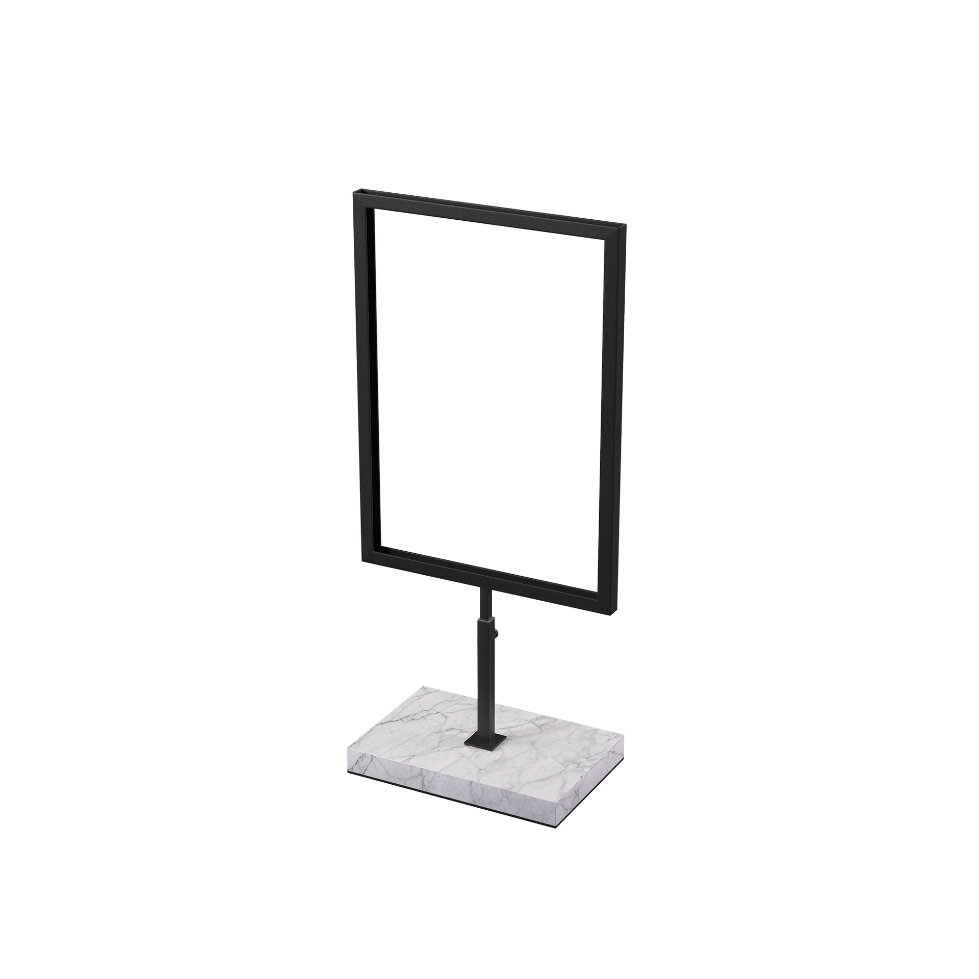 A4 info display, adjustable height, black powder-coated steel with marble base