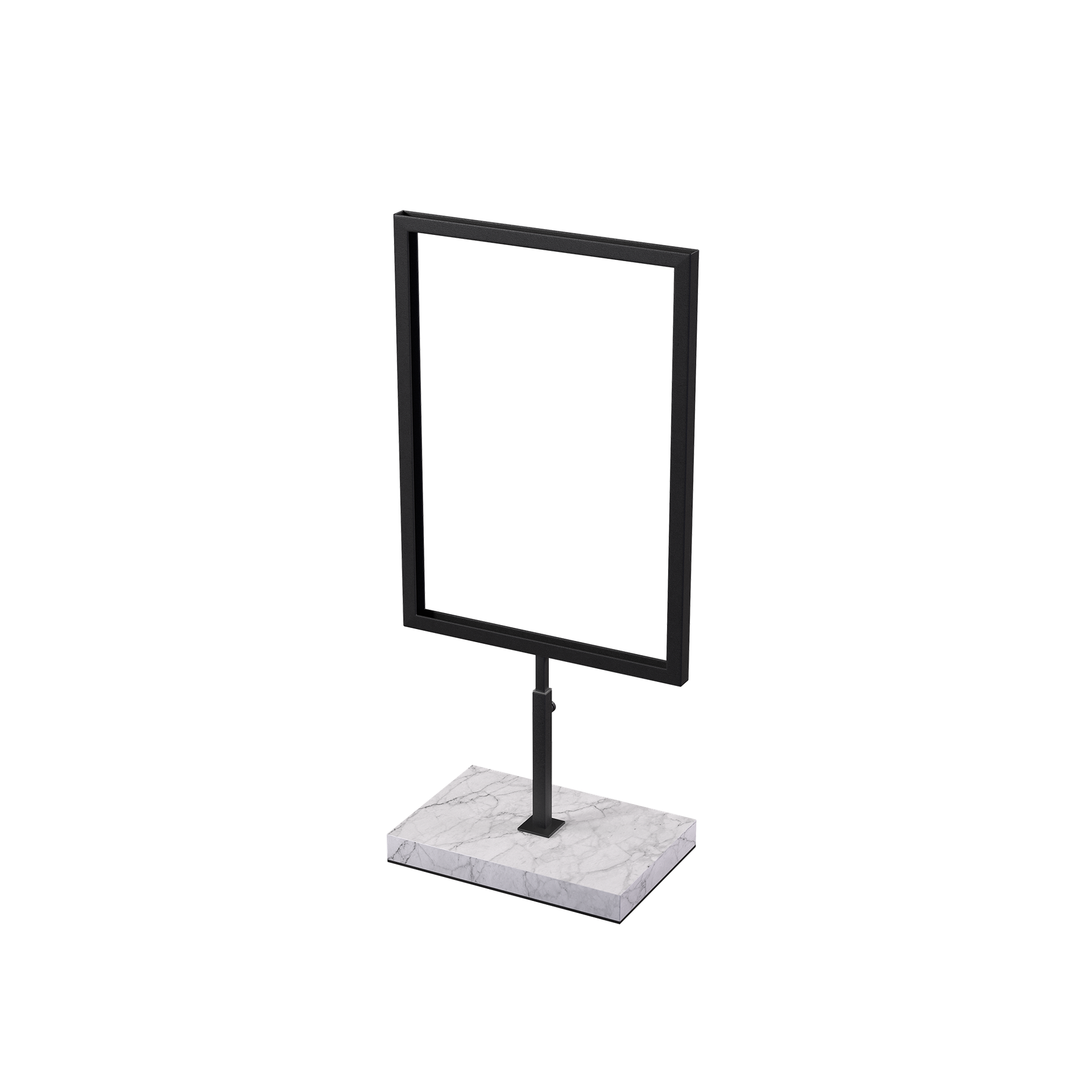 A4 info display, adjustable height, black powder-coated steel with marble base