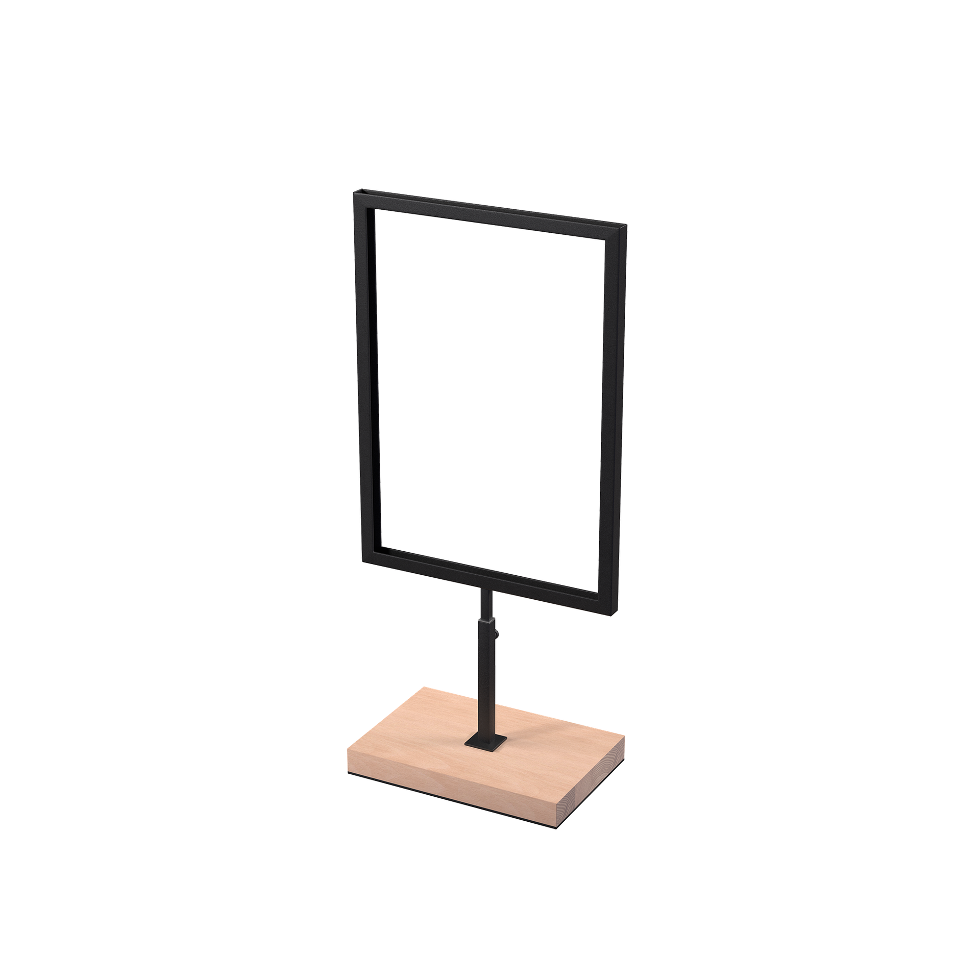 A4 info display, adjustable height, black powder-coated steel with wooden base