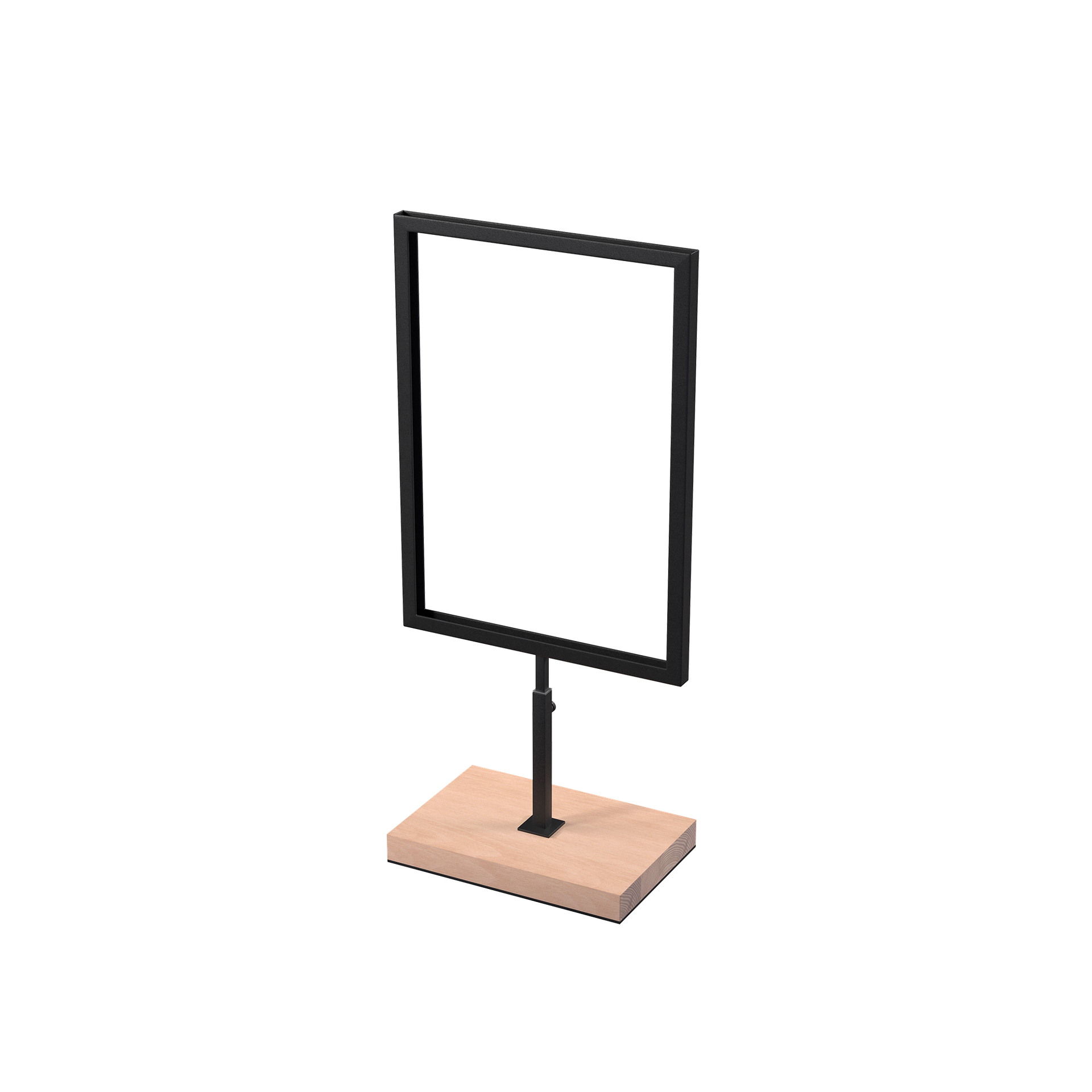 A4 info display, adjustable height, black powder-coated steel with wooden base