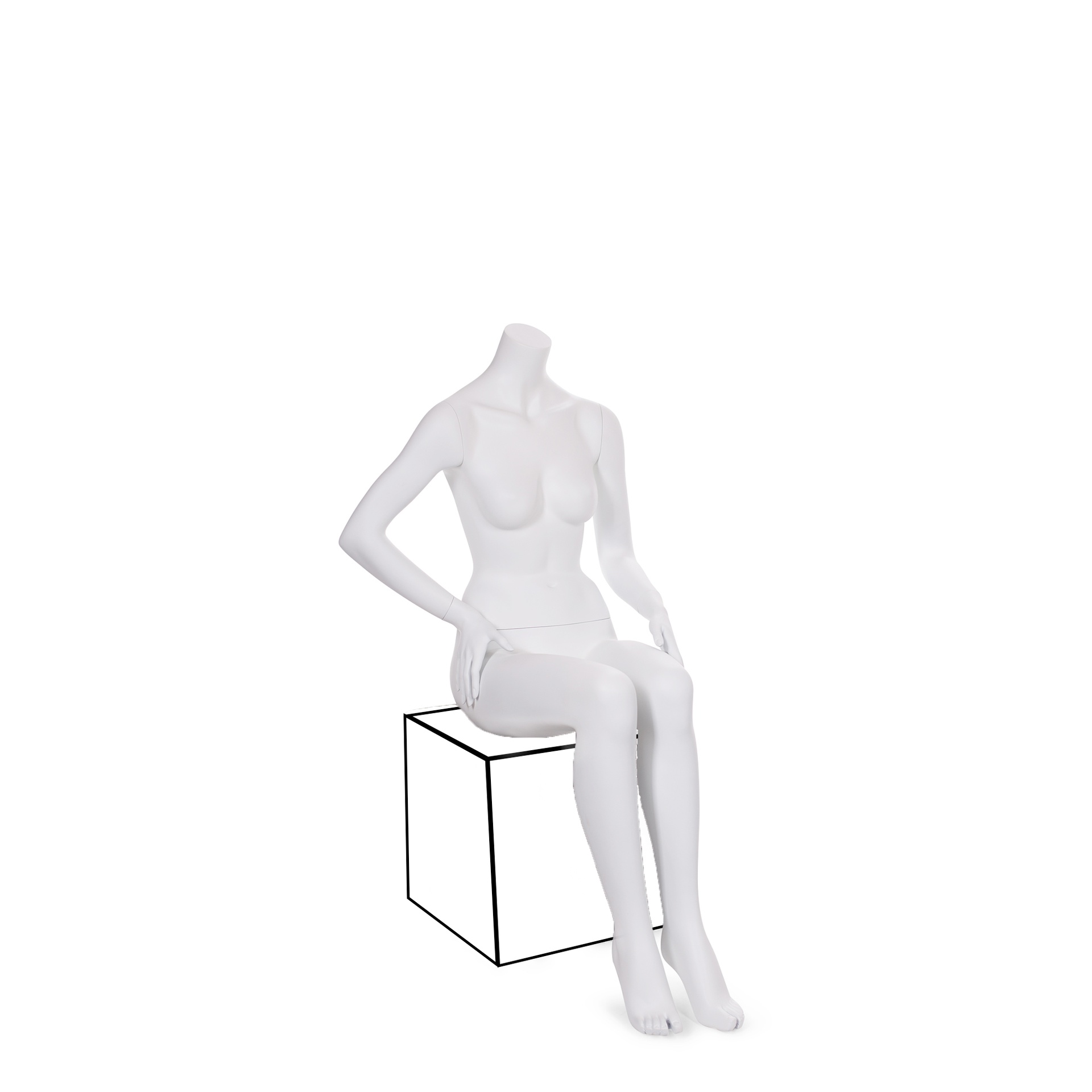 Mannequin femme assis sans tête, blanc