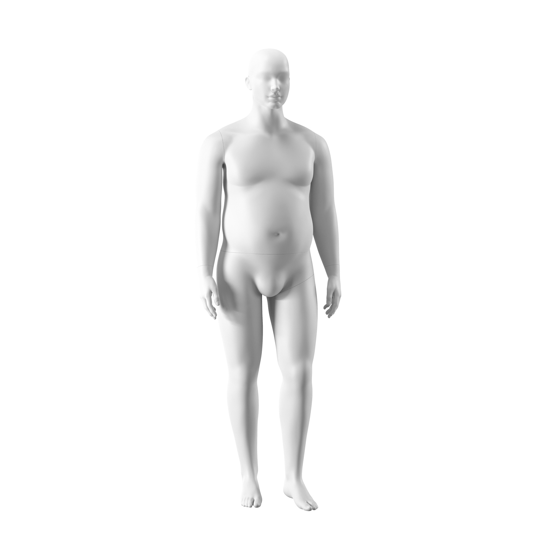 Plus size mannequin, male, semi-abstract head, size XXL, white matt colour, standing pose 102