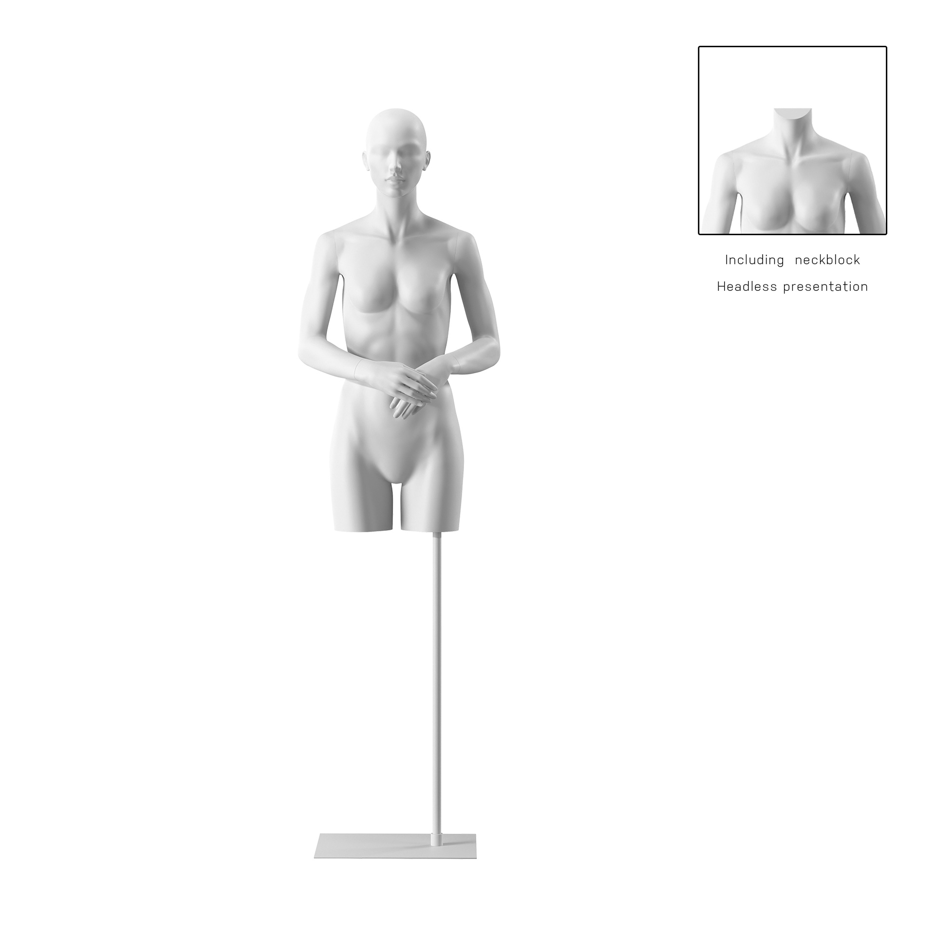 Torse sur socle, avec bras, femme, blanc, tête abstraite, socle long blanc, pose 002