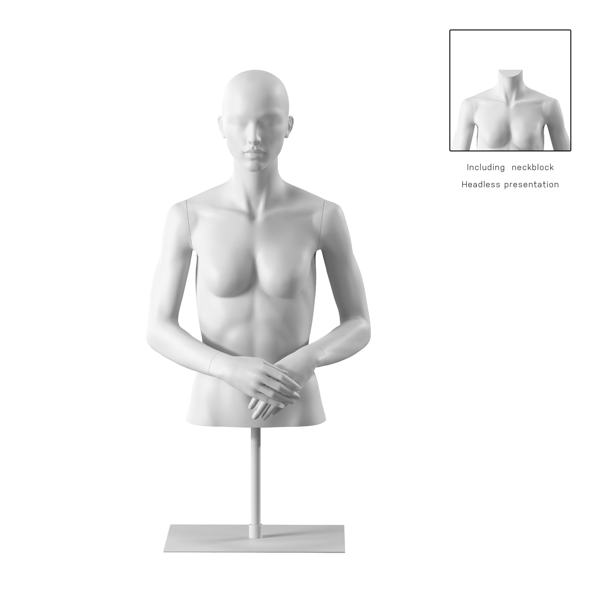 Buste sur socle, avec bras, femme, blanc, tête abstraite, socle long blanc, pose 052