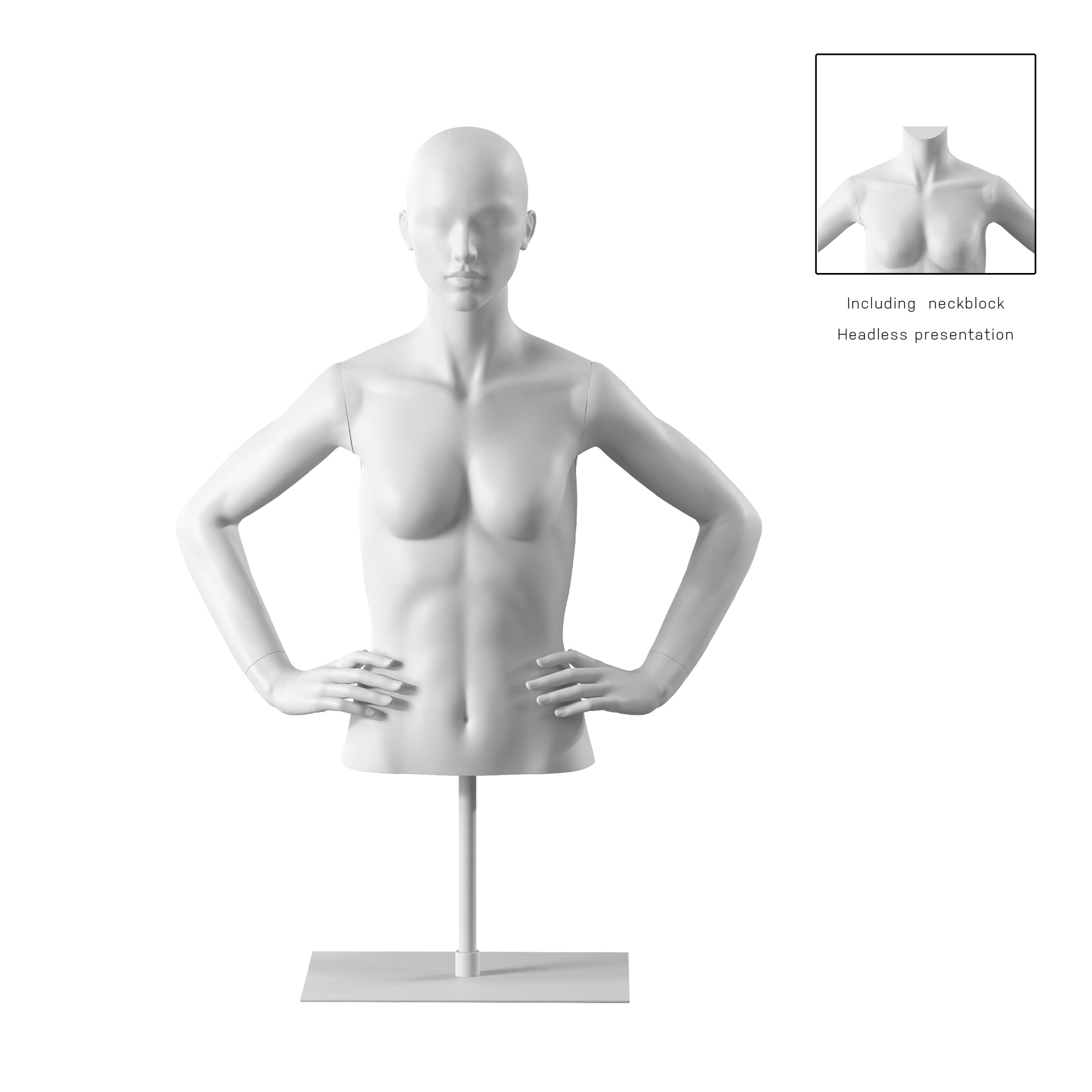 Buste sur socle, avec bras, femme, blanc, tête abstraite, socle long blanc, pose 053