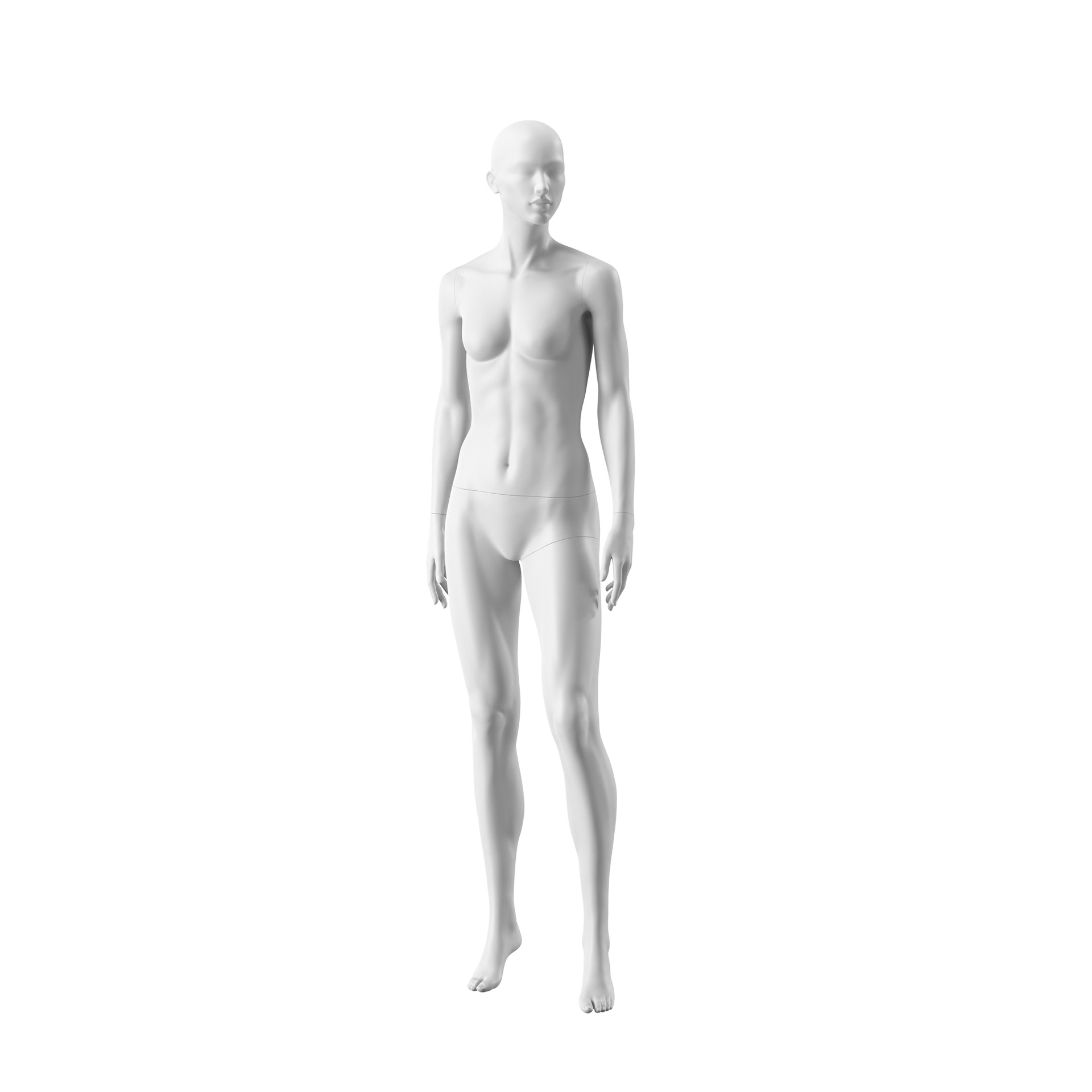 Mannequin de vitrine femme blanc, tête abstraite avec nez et bouche, socle rond en verre, pose 005