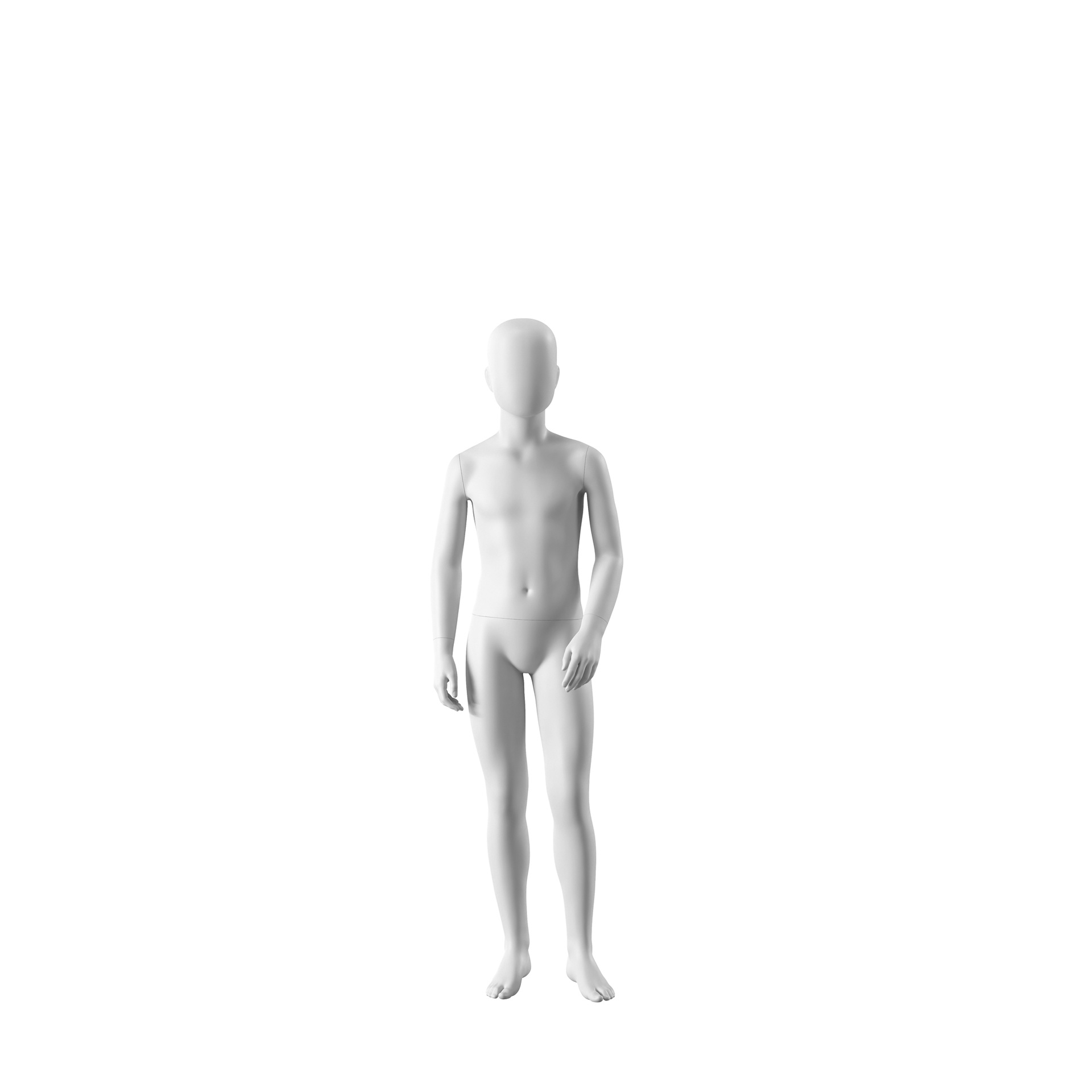 White abstract child mannequin, with abstract head, 10 years, white powdercoated base, pose CM305