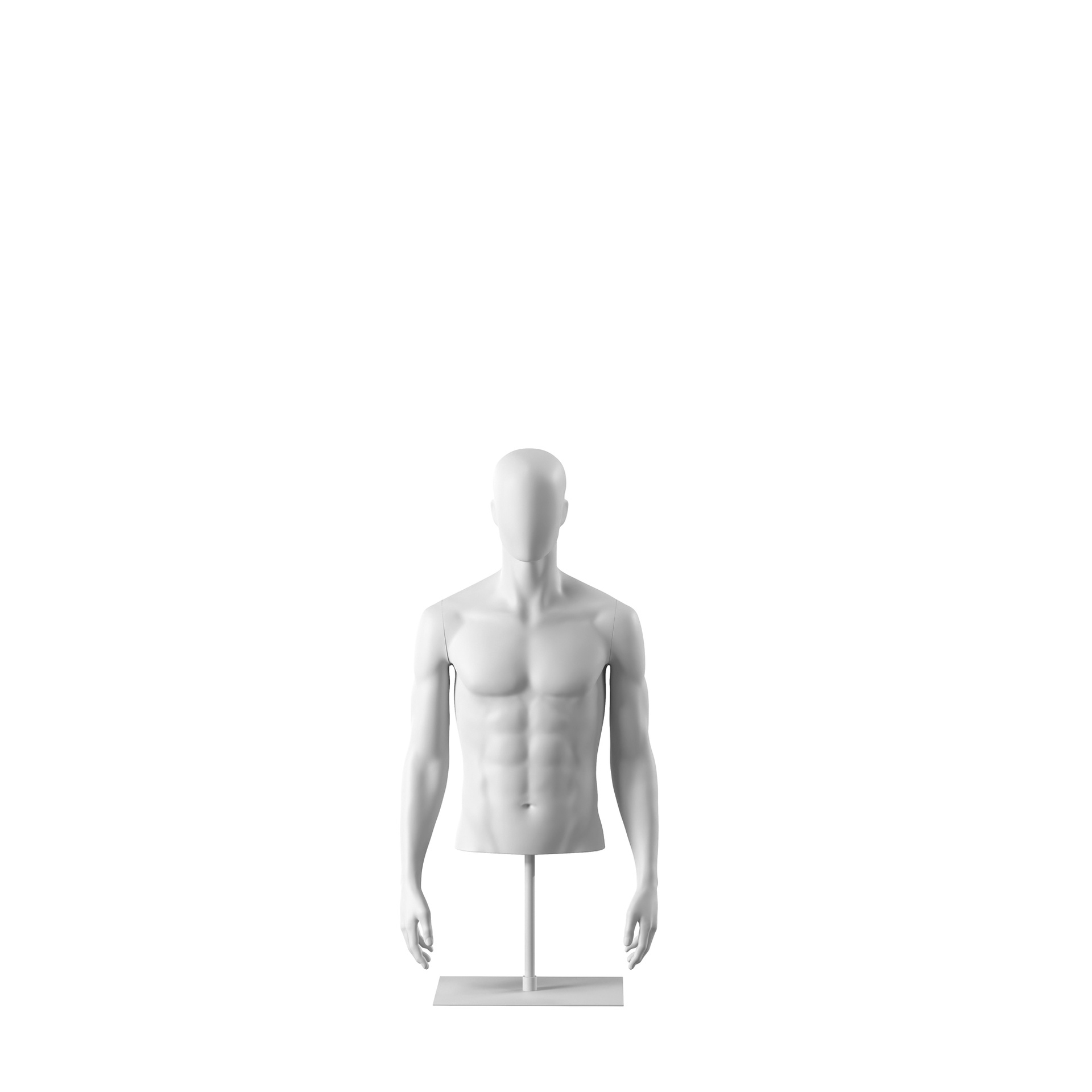 White abstract male torso, with abstract head, white powdercoated base, pose 152