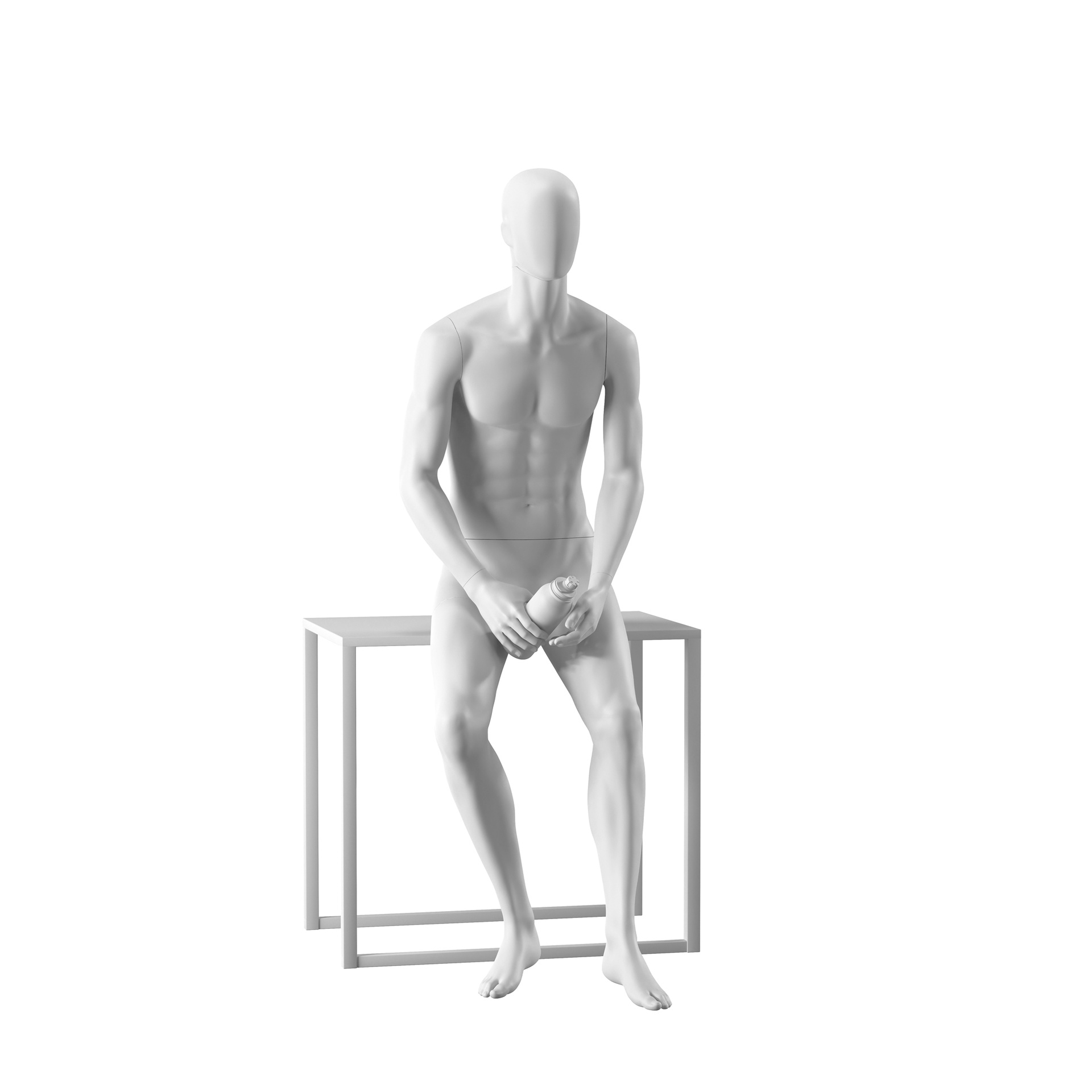 Realistic mannequin, male, urban style, matt white, seated pose 307