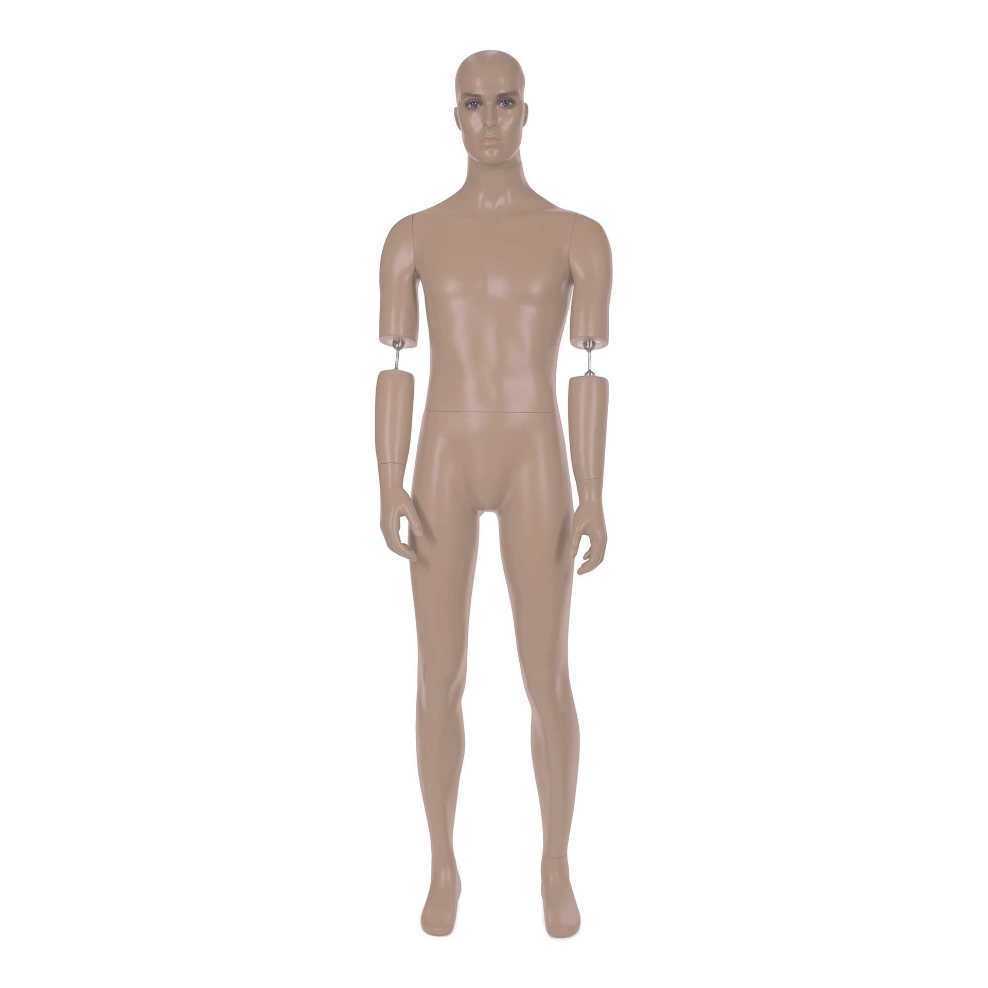 Maniquí masculino móvil en color piel para vestimenta de museo, rostro realista con maquillaje, ajustable, pose YM33+MH300.