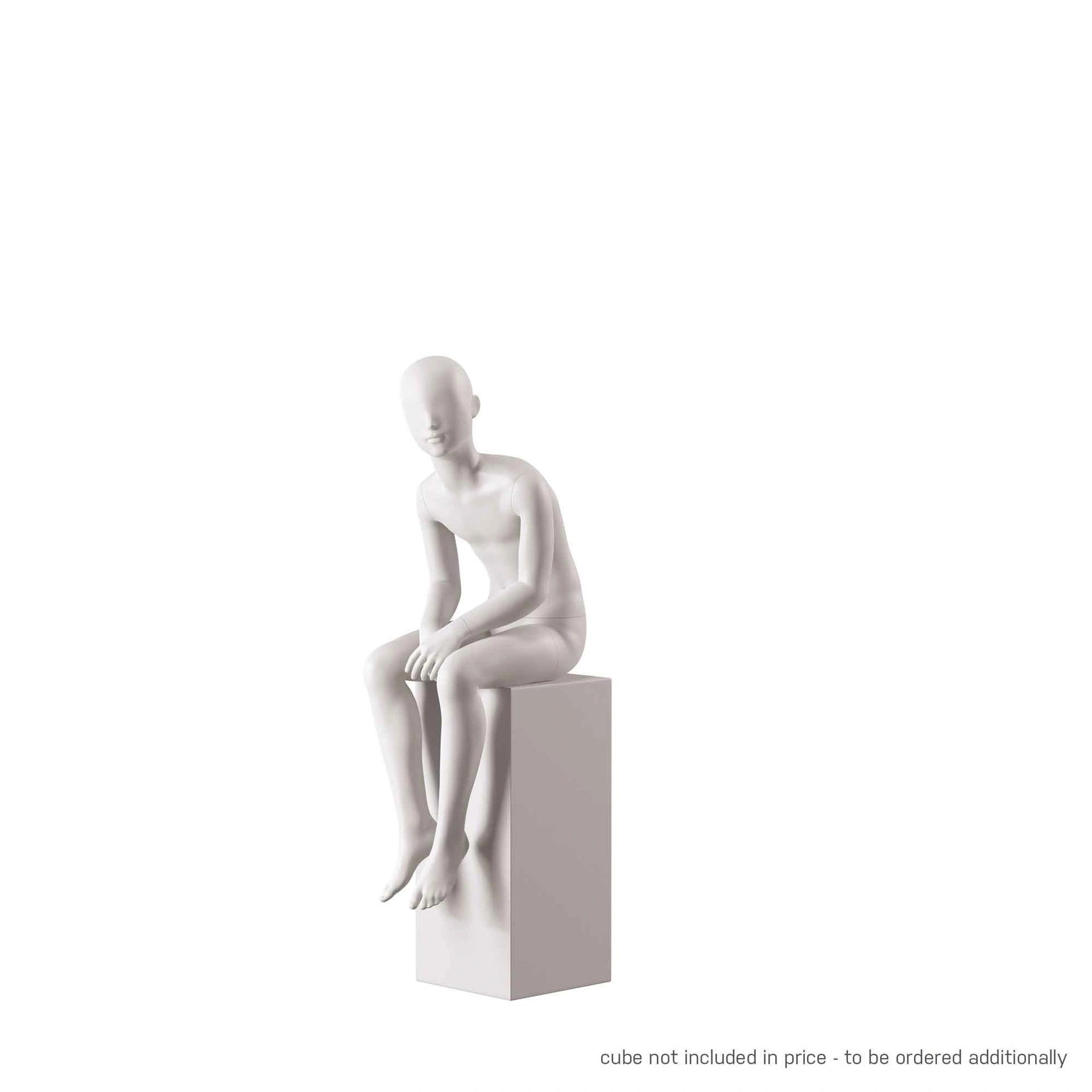 Mannequin de vitrine enfant, 10 ans, avec tête semi-abstraite, socle rond en verre, nude, pose 211