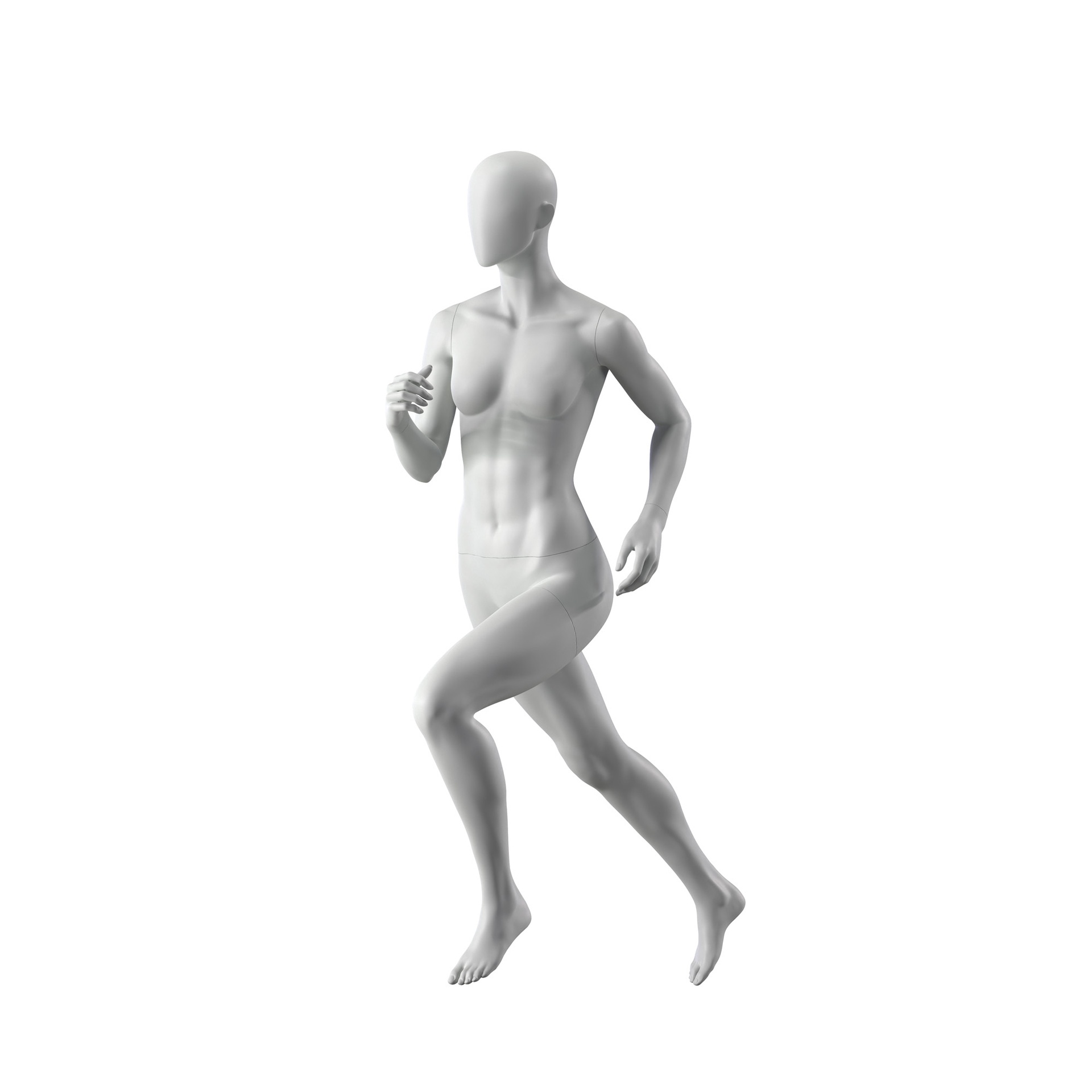 Maniquí de deporte corriendo, mujer, gris, cabeza abstracta, postura de pie 04