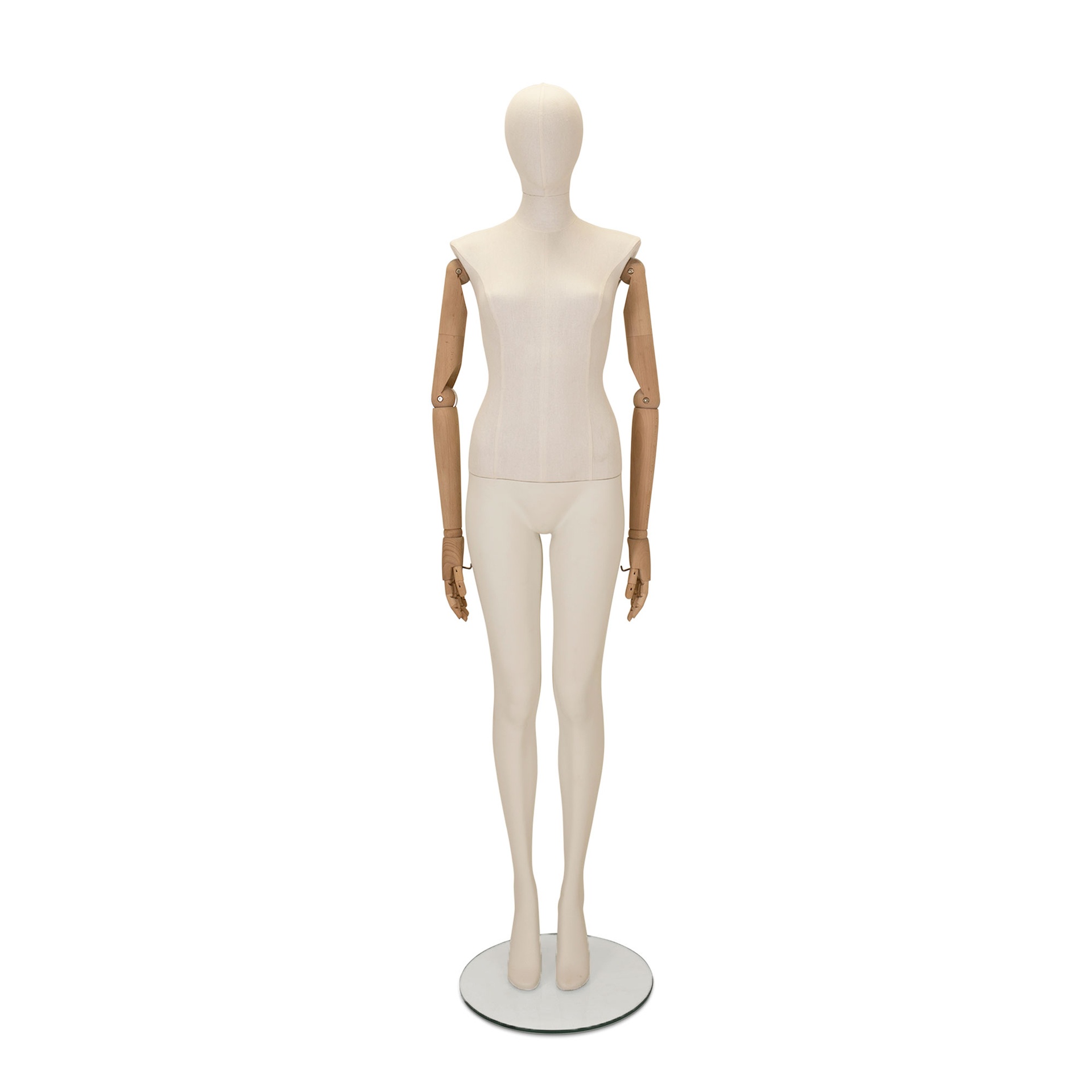 Female mannequin with wooden arms, white