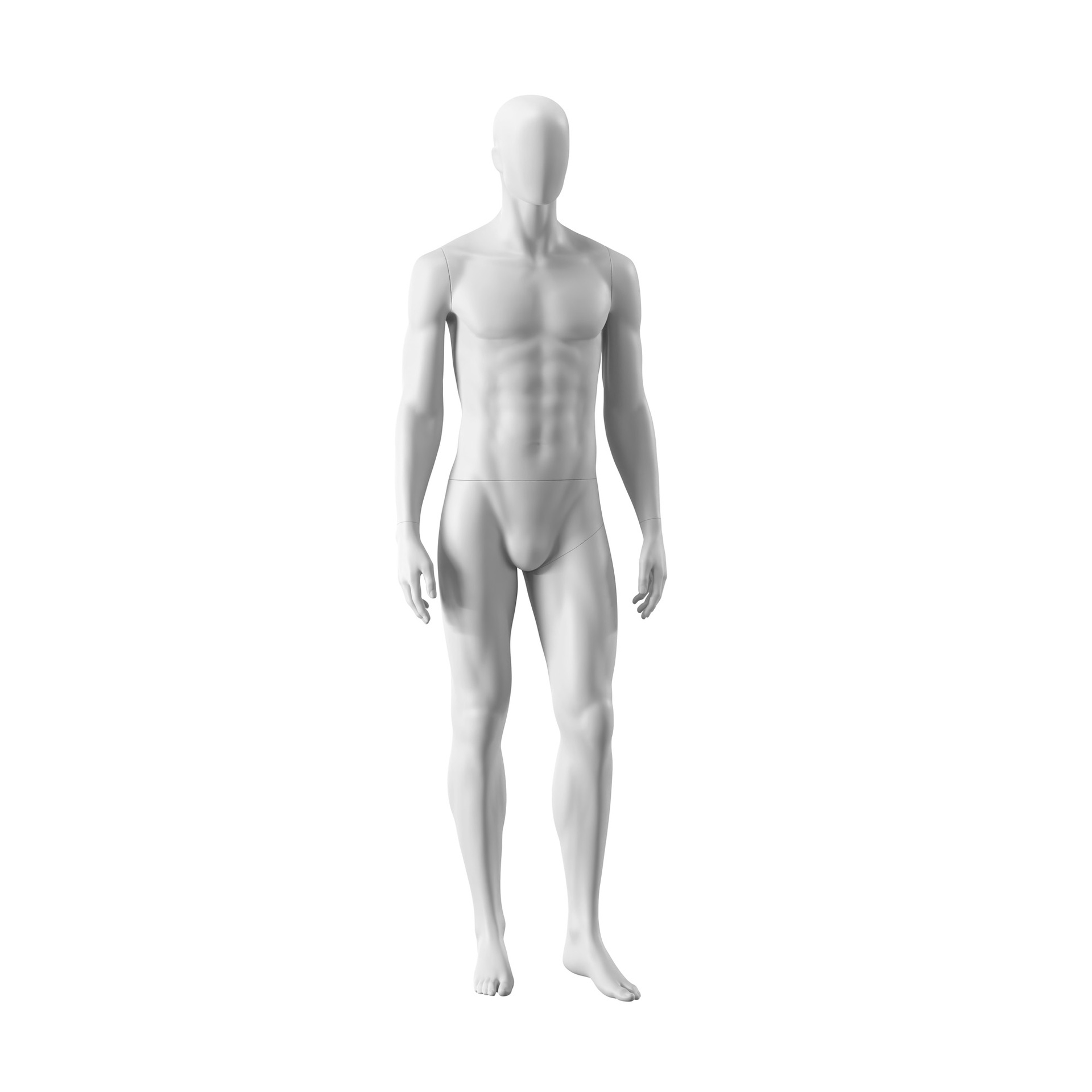 White abstract male mannequin, with abstract head, white powdercoated base, pose MM105