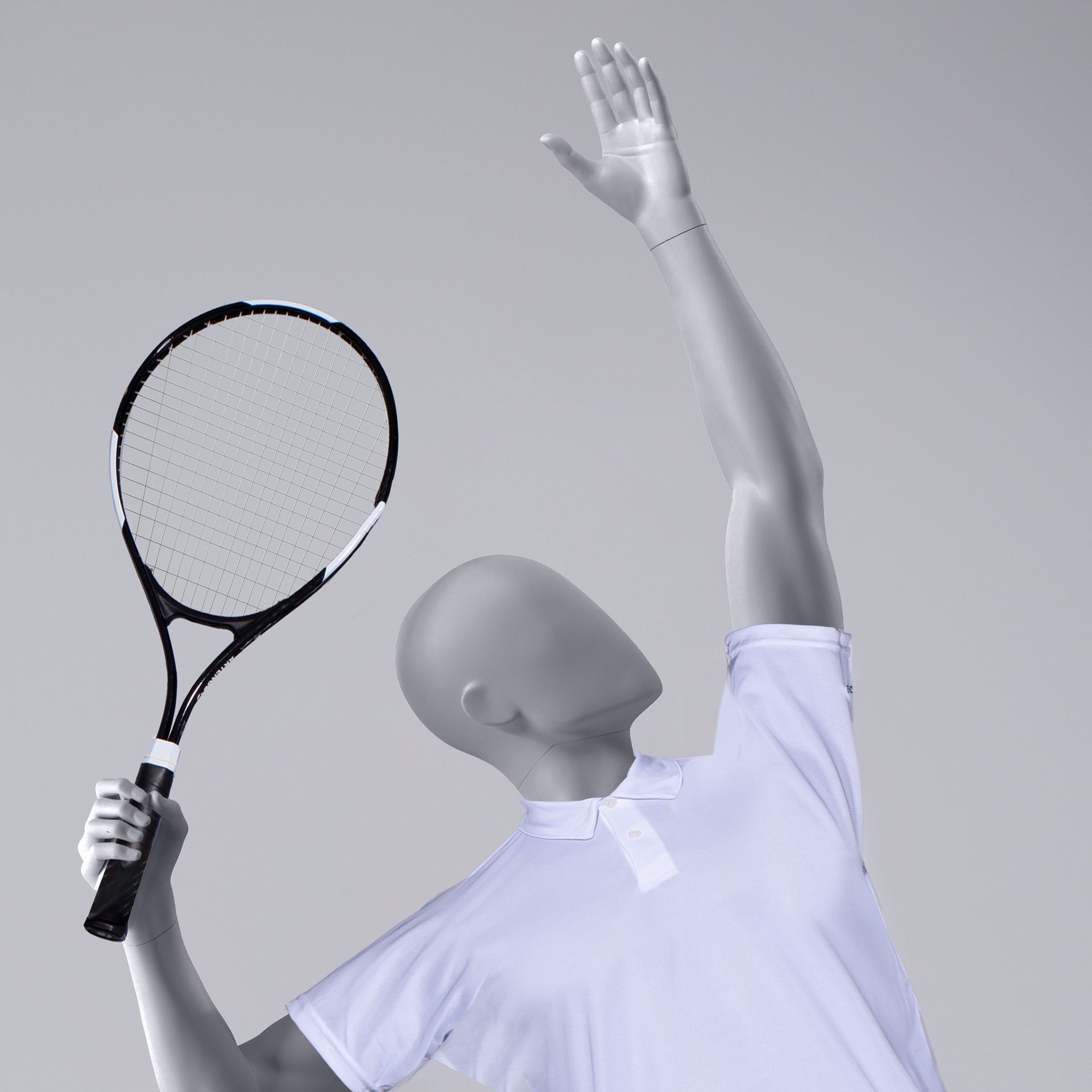 Tennis sport heren mannequin, grijs, abstract hoofd, staande pose 313