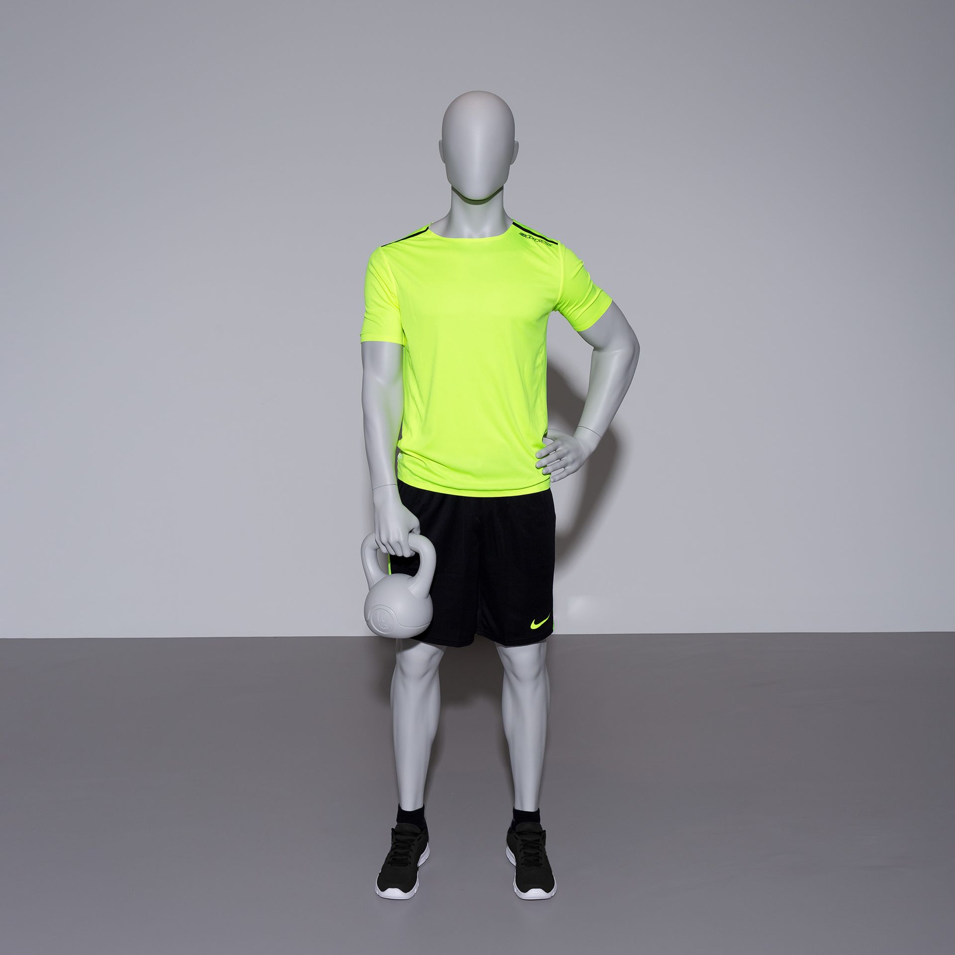 Fitness sport mannequin, male, grey, abstract head, standing pose 317