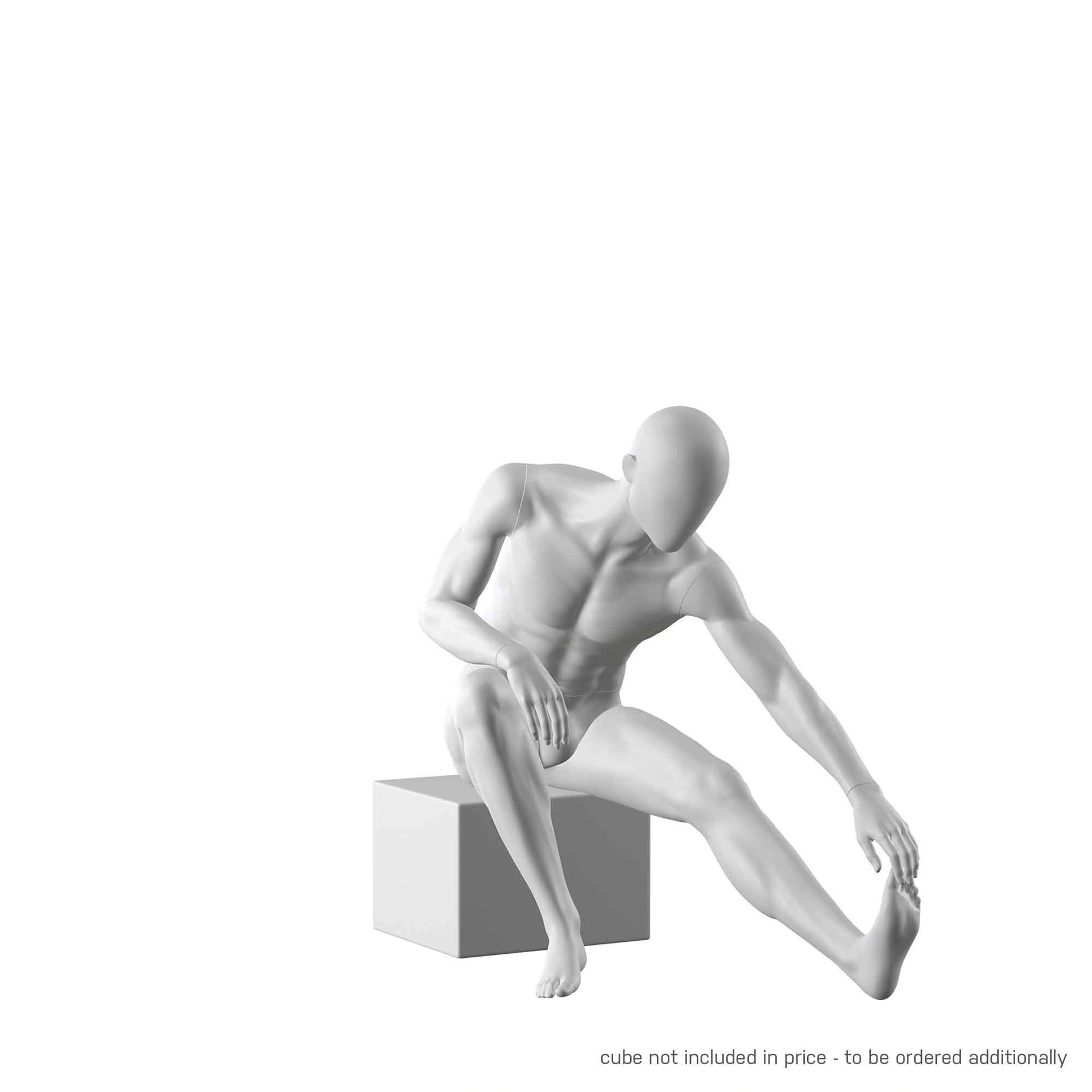 Stretching sport heren mannequin, grijs, abstract hoofd, zittende pose 321