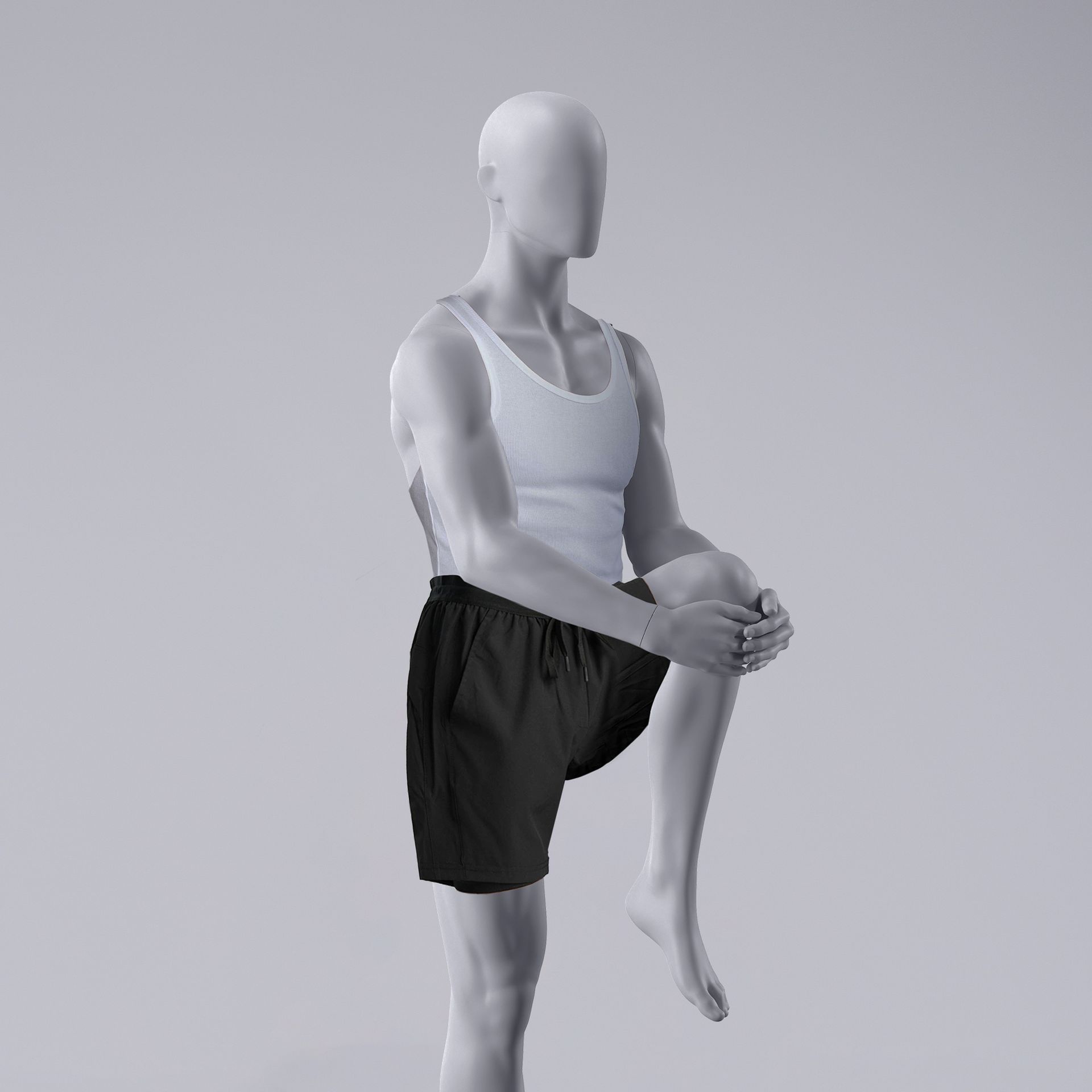 Stretching sport mannequin, male, grey, abstract head, standing pose 302