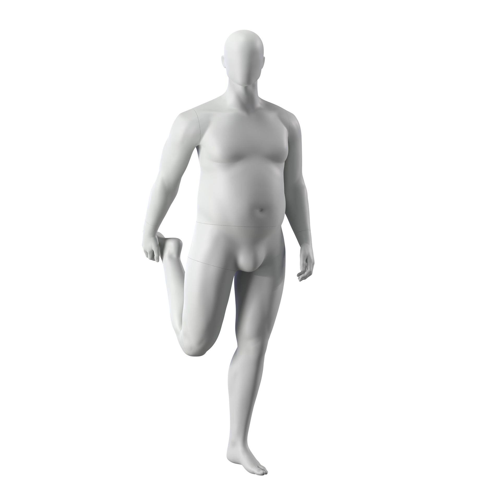 Maniquí de deporte talla grande estirando, hombre, gris, cabeza abstracta, postura de pie 350