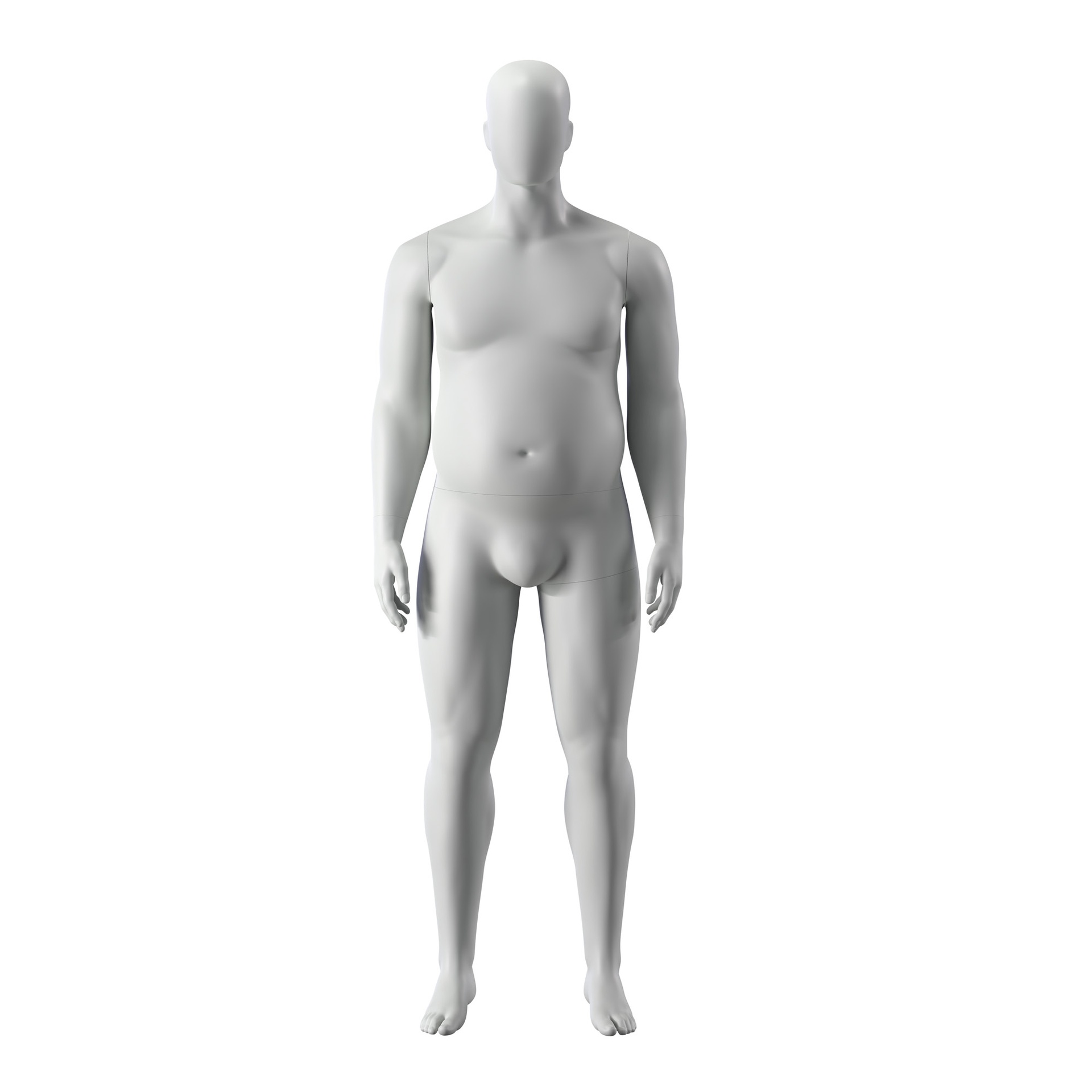 Stretching plus size sport mannequin, male, grey, abstract head, standing pose 351